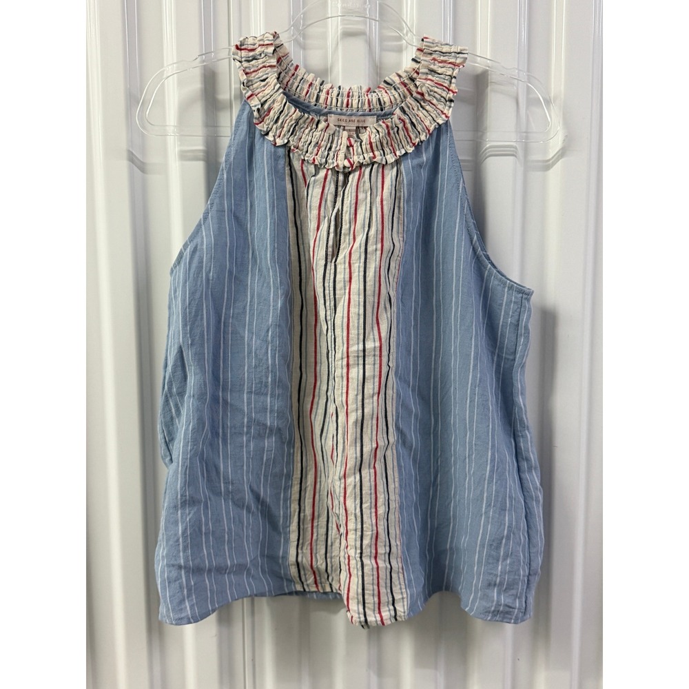Skies Are Blue Halter Women Large Blue Striped Smocked Ruffle
